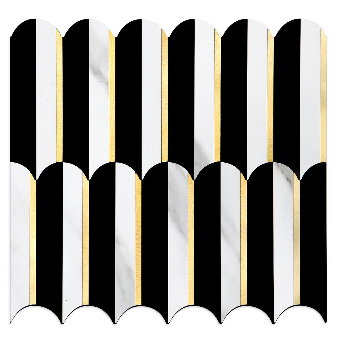 11.81" X 10.47" Black & White Marble Mixed Gold Fish Scale Peel and Stick Tiles