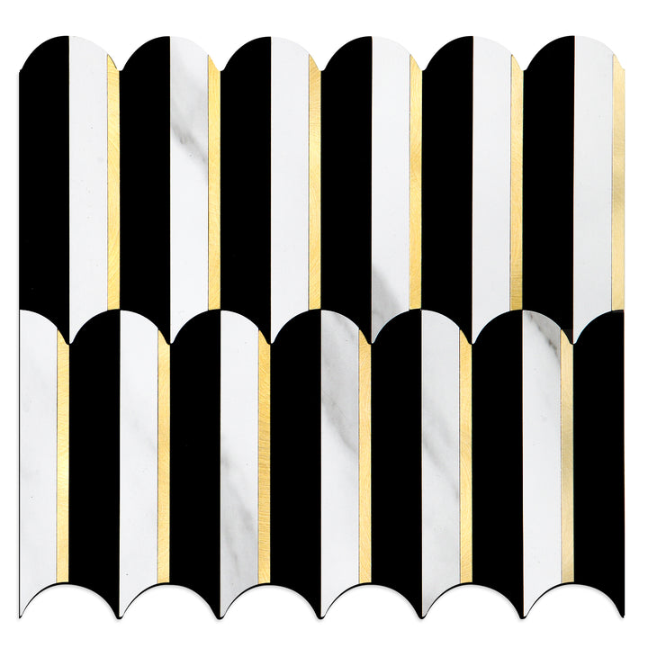 11.81" X 10.47" Black & White Marble Mixed Gold Fish Scale Peel and Stick Tiles