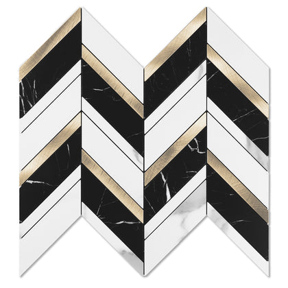 Black Marble White Marble Gold Herringbone Backsplash