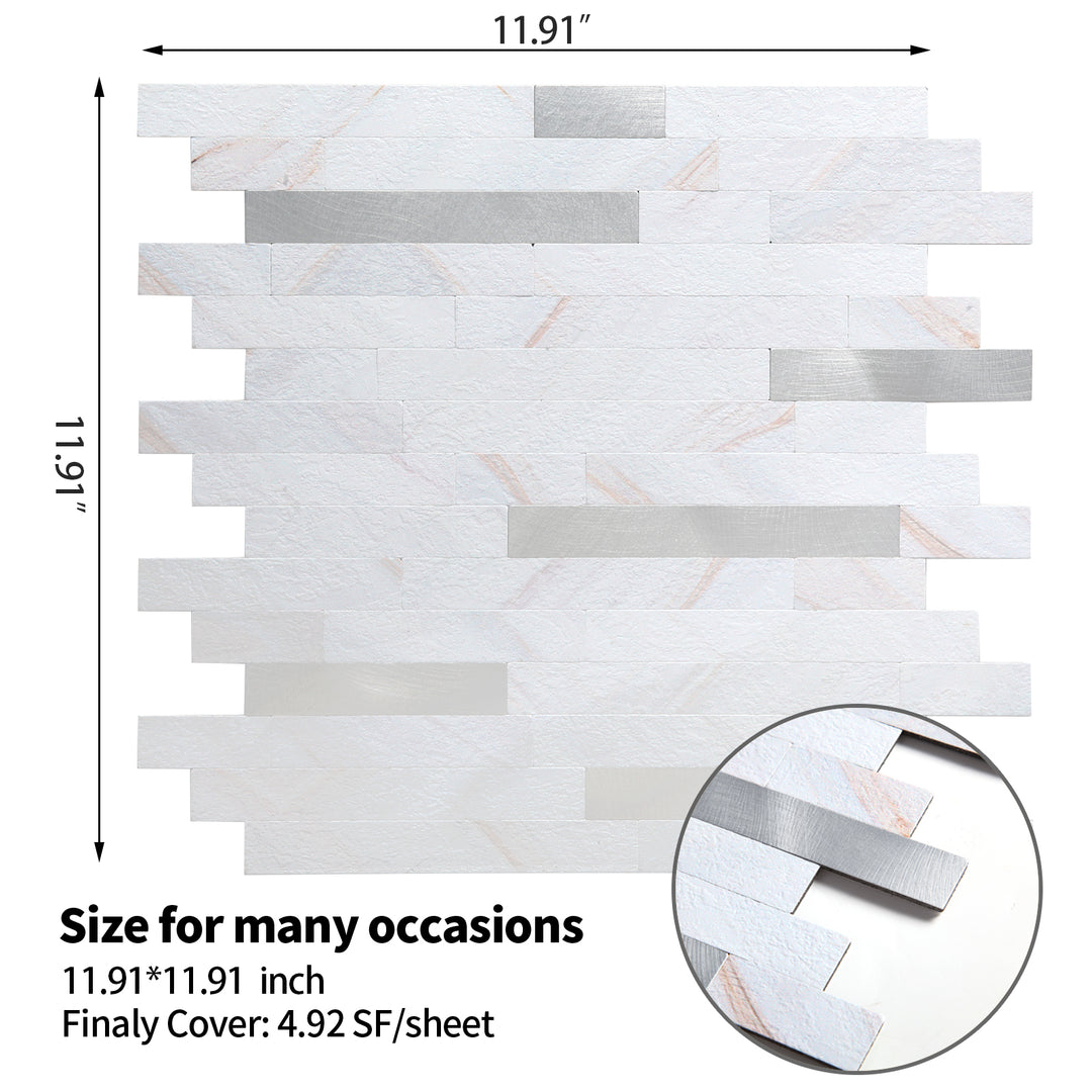 12" X 12" Colorful White Stone Peel and Stick Backsplash Premium Linear Blend Tile