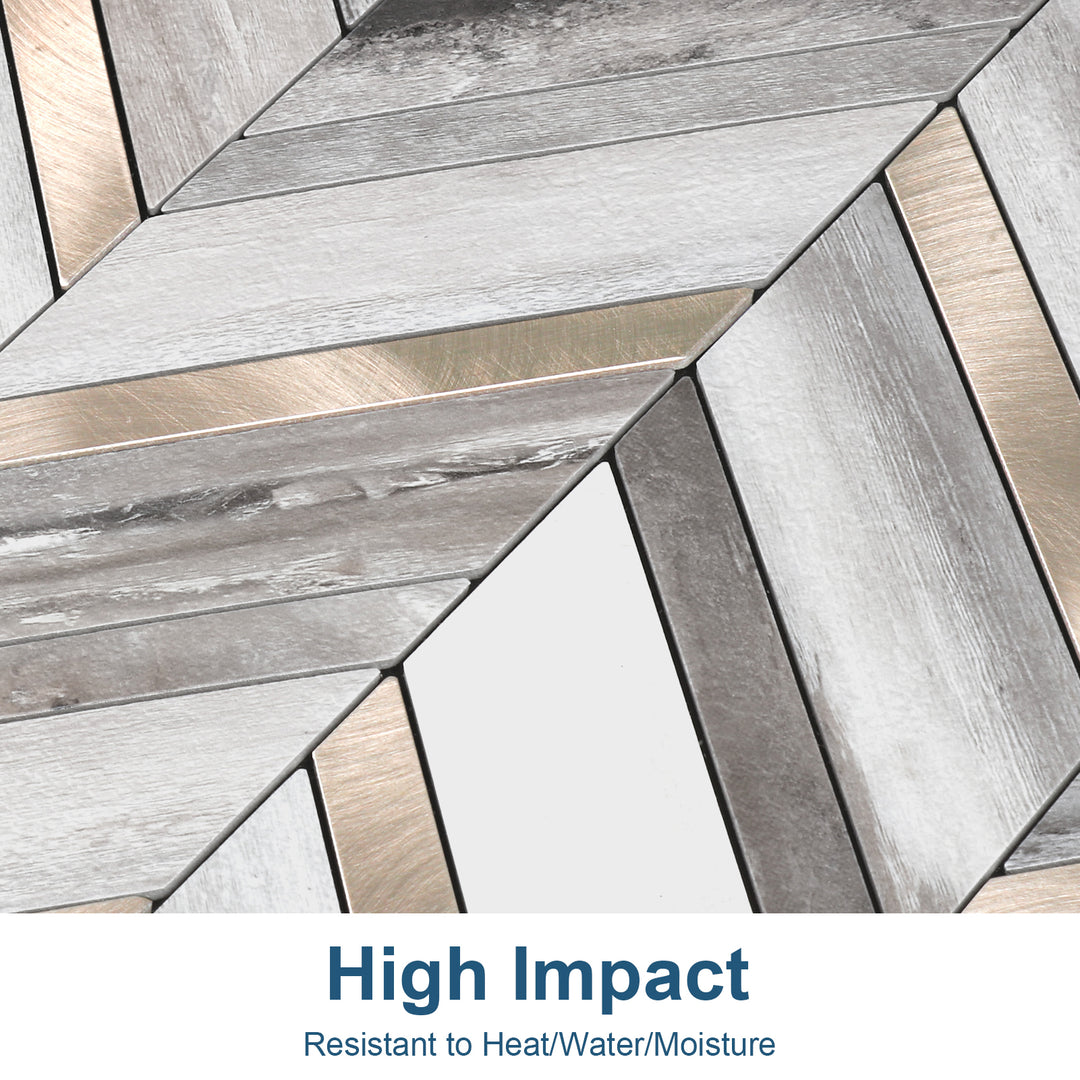 Wood Grain Gold Metal Herringbone Tile Detail