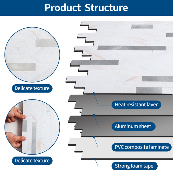 12" X 12" Colorful White Stone Peel and Stick Backsplash Premium Linear Blend Tile