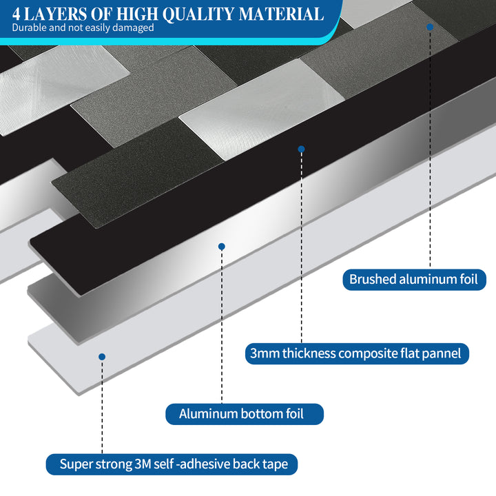 11.8" X 11.8" Black Stick on Metal Backplash Stainless Steel Subway Wall Tile
