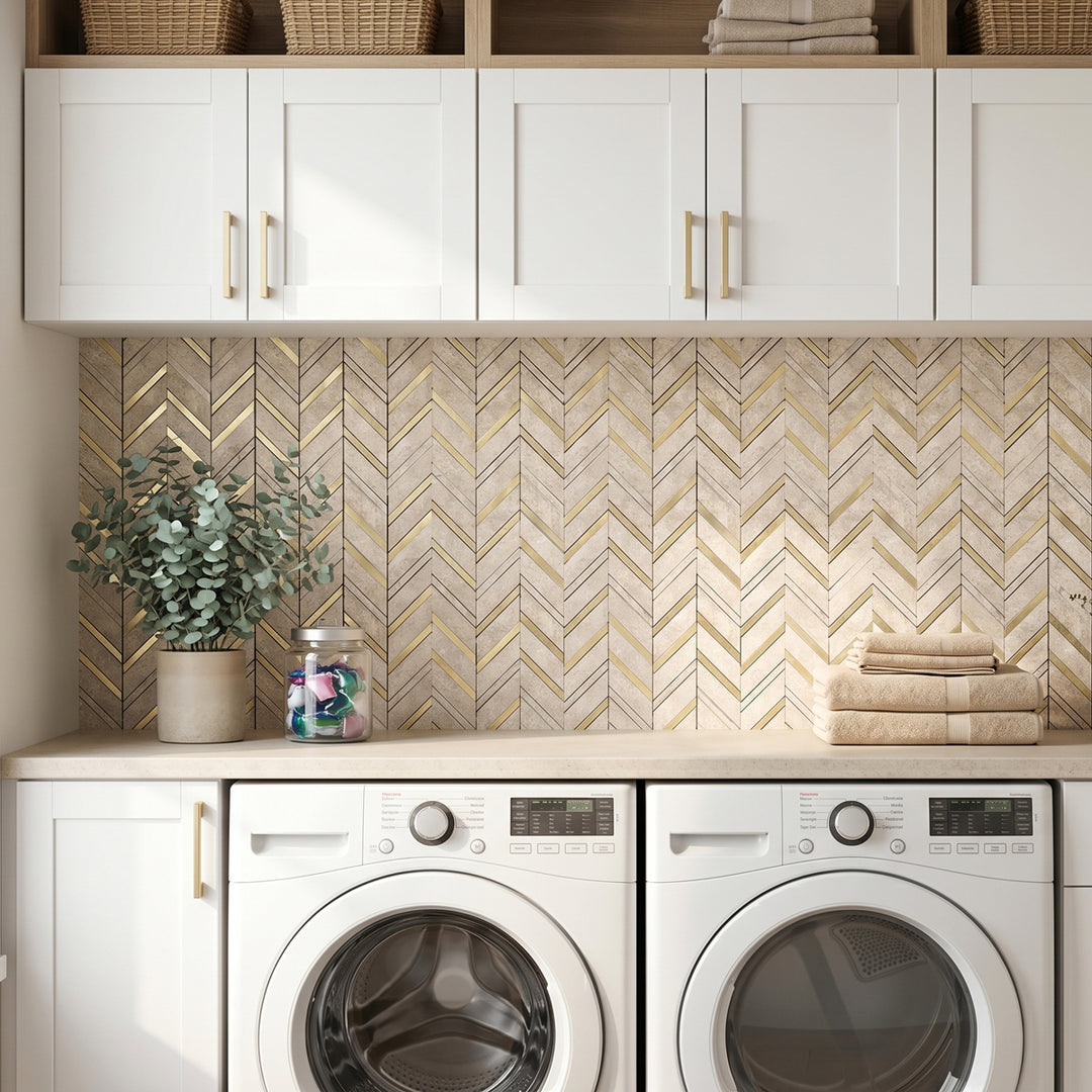 herringbone tile stick on laundry room