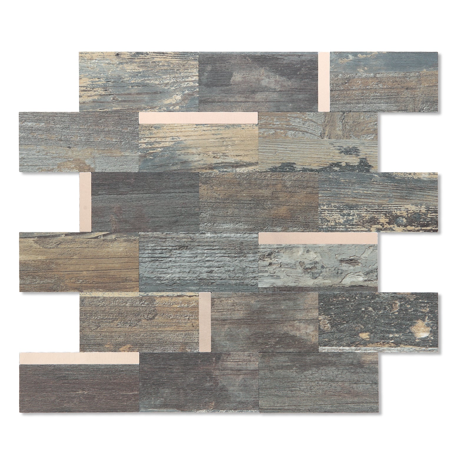 Ecru Rustic Wood Mixed Metal Subway Tile