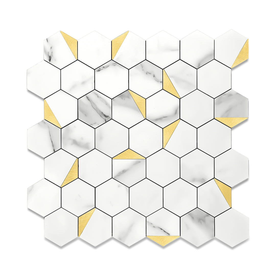 11.8" x 10.83" Hexagon Peel and Stick Backsplash Tile Fishbelly White Metal Gold