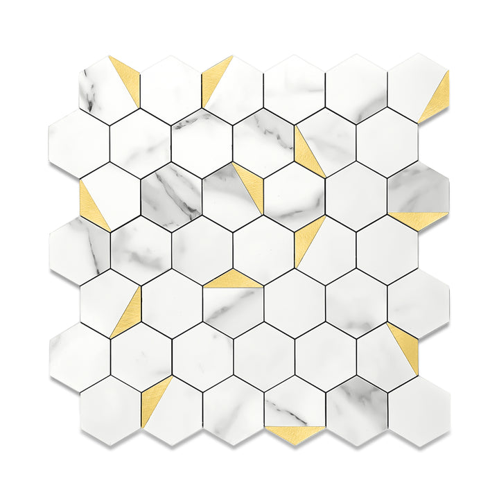 11.8" x 10.83" Hexagon Peel and Stick Backsplash Tile Fishbelly White Metal Gold