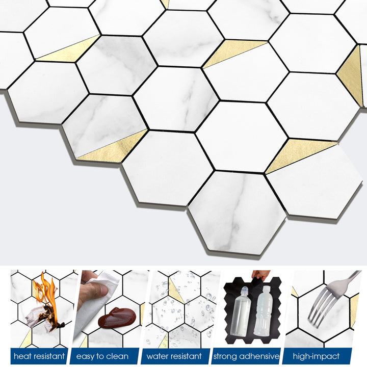 11.8" x 10.83" Hexagon Peel and Stick Backsplash Tile Fishbelly White Metal Gold