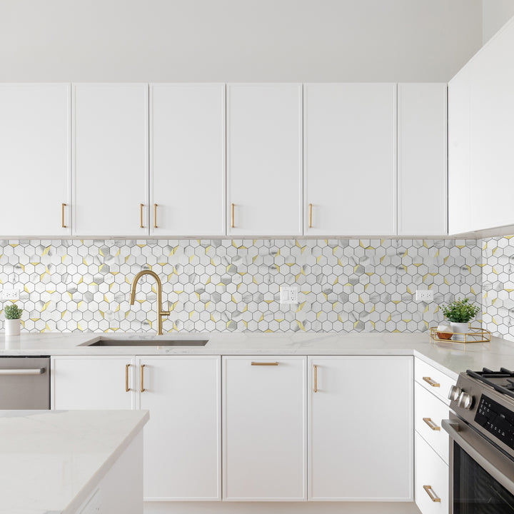 11.8" x 10.83" Hexagon Peel and Stick Backsplash Tile Fishbelly White Metal Gold