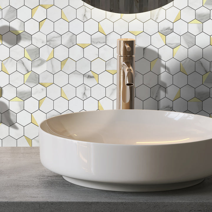 11.8" x 10.83" Hexagon Peel and Stick Backsplash Tile Fishbelly White Metal Gold