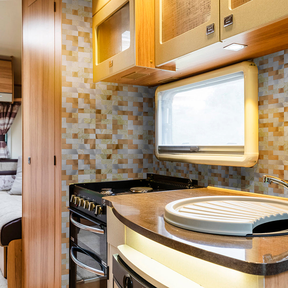 peel and stick metal backsplash for RV kitchen