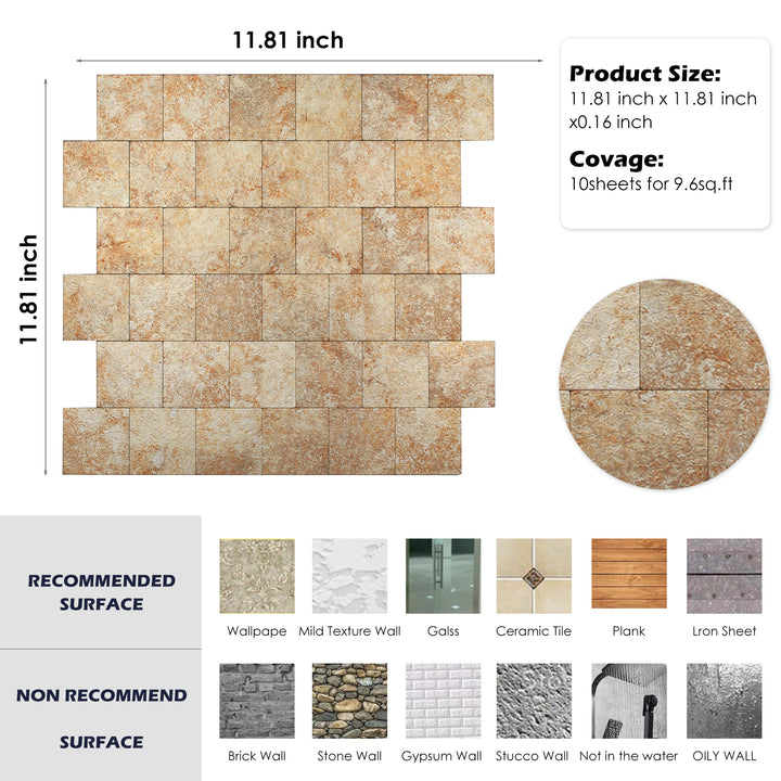 10 sq.ft Earthy Gold PVC Peel And Stick Stone Tile Backsplash