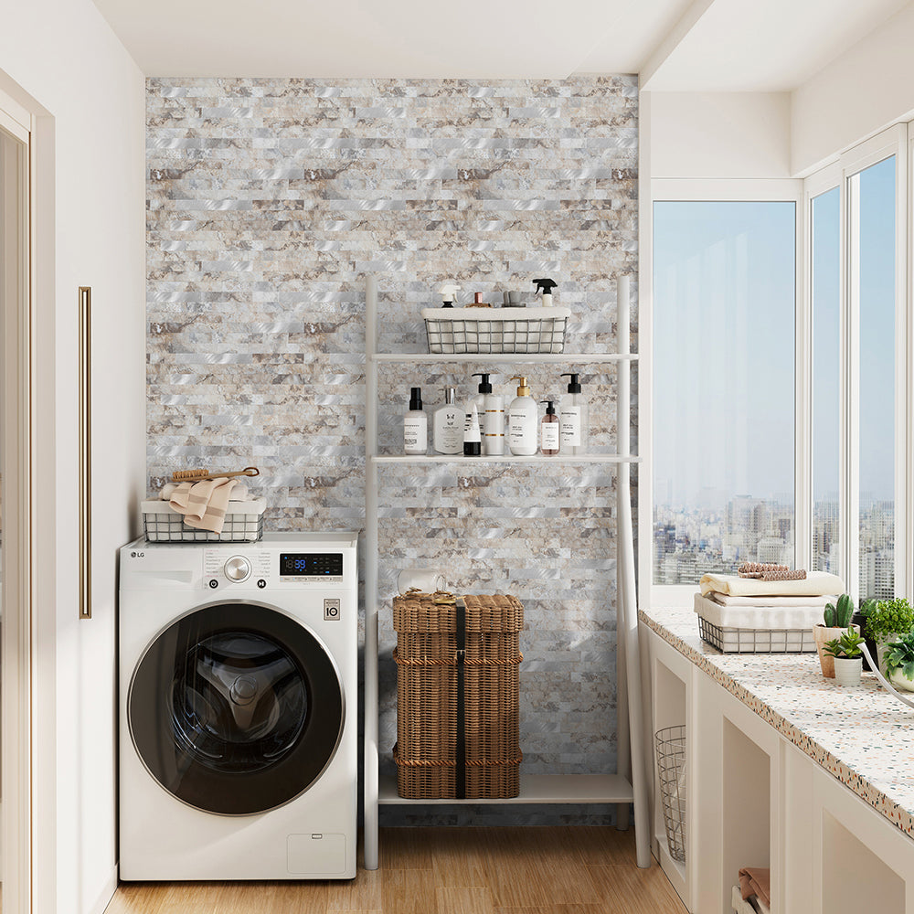 mixed metal peel and stick backsplash for laundry room
