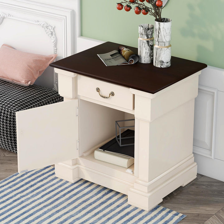 Nachttisch mit 1 Schublade und Schrank, USB-Ladeanschlüsse, Antikweiß 